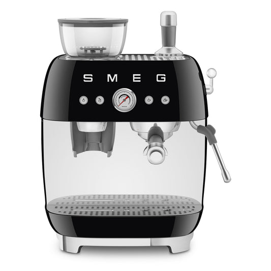 Black manual espresso coffee machine with built-in grinder