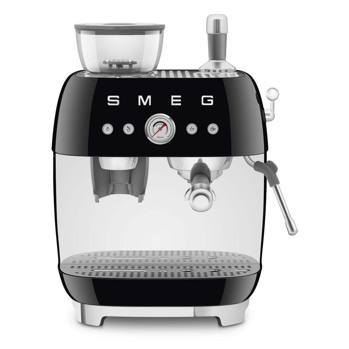 Black manual espresso coffee machine with built-in grinder