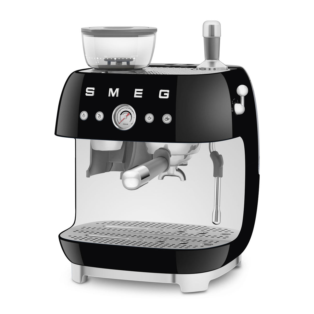 Black manual espresso coffee machine with built-in grinder