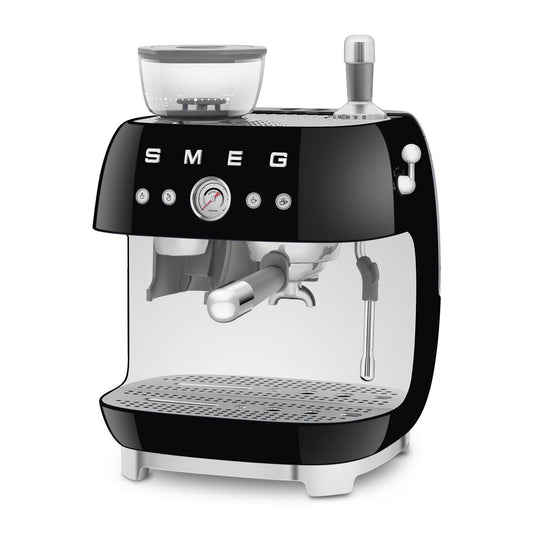 Black manual espresso coffee machine with built-in grinder