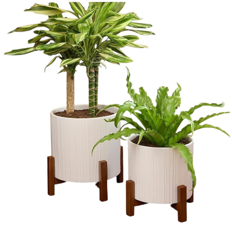 INSIDE OUTSIDE GARDEN - Set of 2 Ceramic Planters with Bamboo Stands