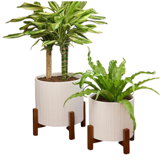 INSIDE OUTSIDE GARDEN - Set of 2 Ceramic Planters with Bamboo Stands